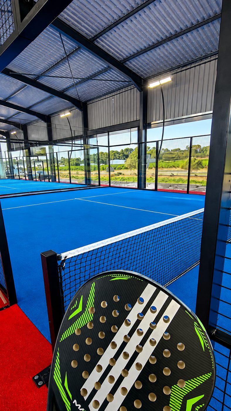 Terrain de padel couvert en gazon bleu, filet et raquette au premier plan